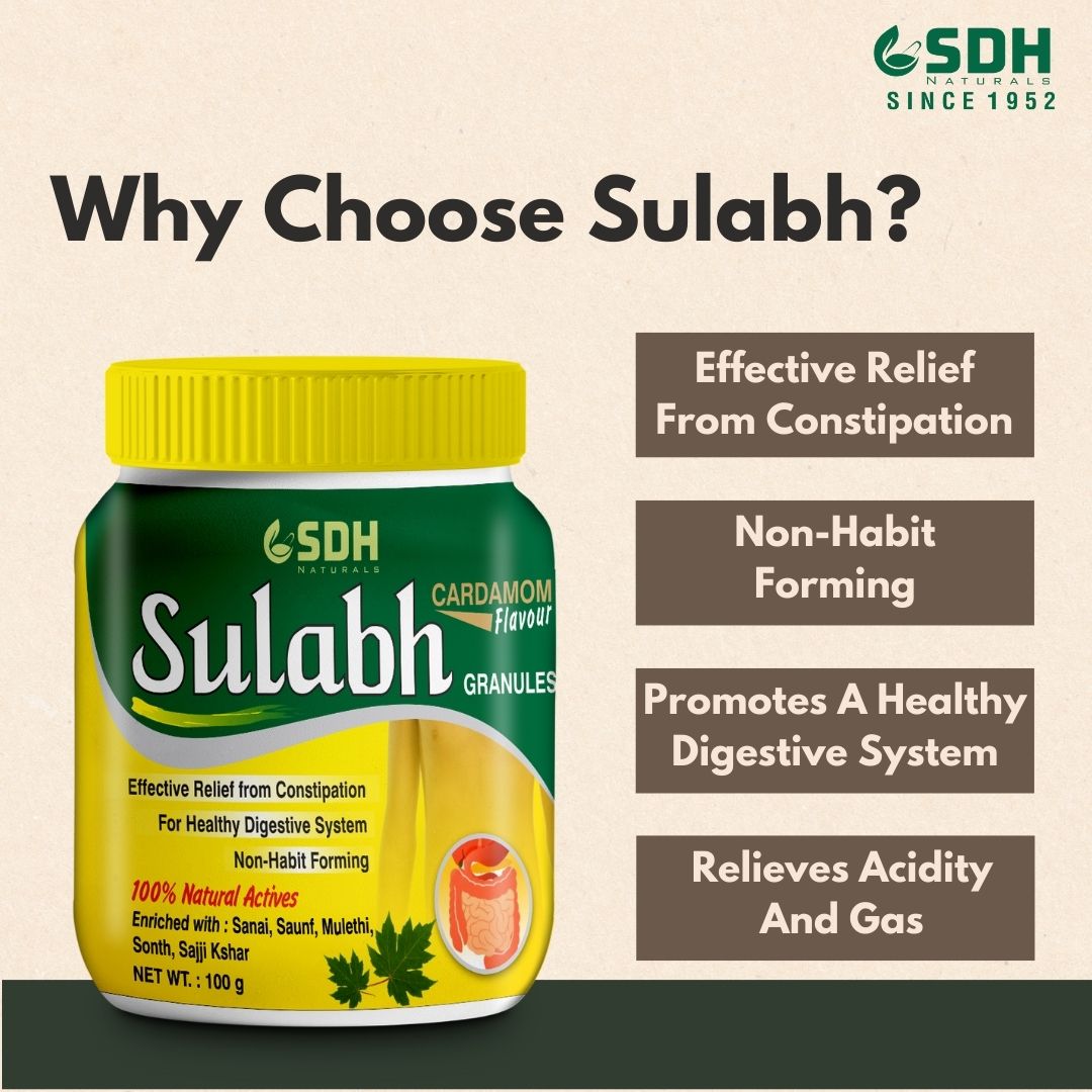 SDH Naturals Sulabh granules I 100% Ayurvedic Supplement for Constipation (Kabz) I Relieves acidity & gas. Non-habit-forming herbal formula, helps improve digestion, Churna Powder, safe and laxative.