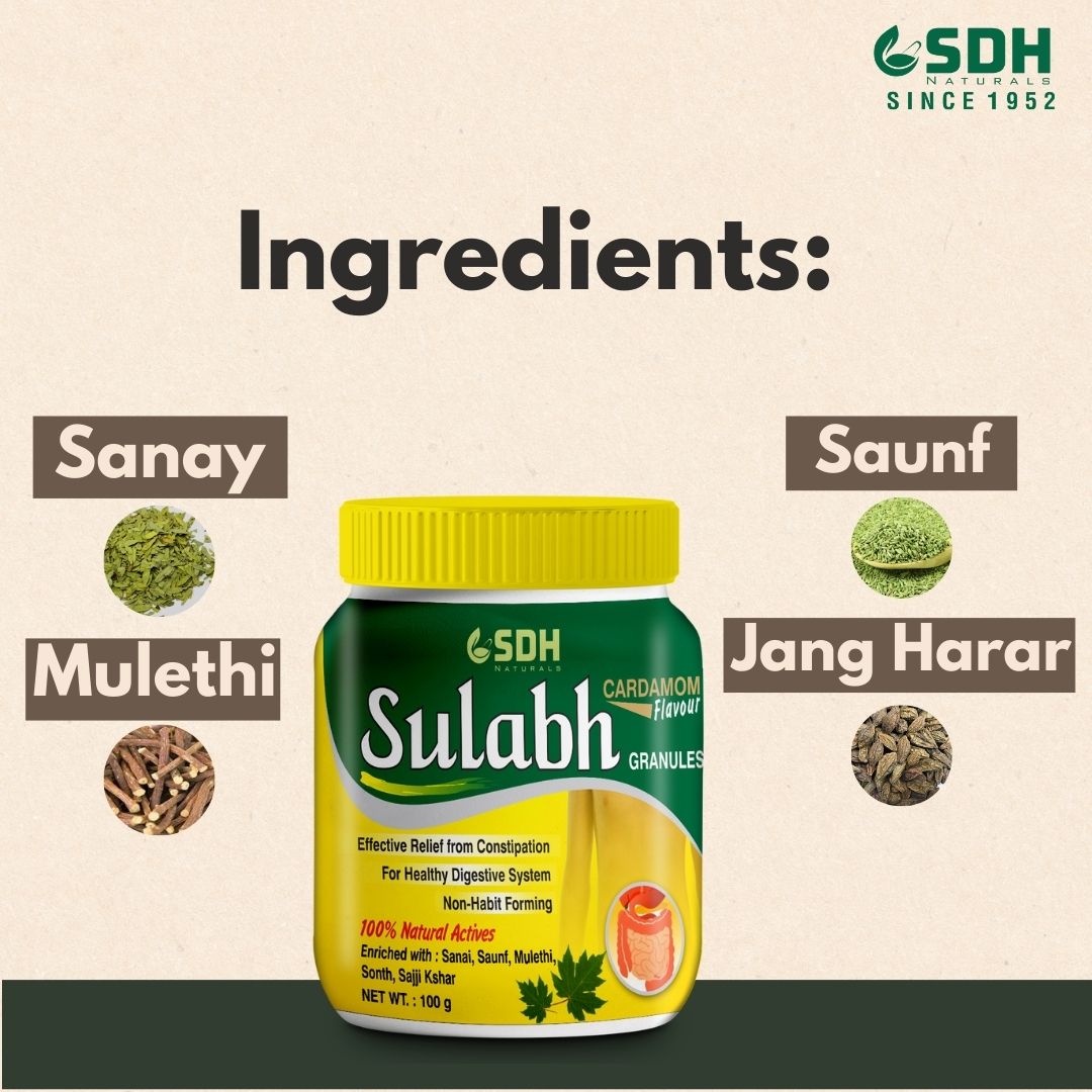 SDH Naturals Sulabh granules I 100% Ayurvedic Supplement for Constipation (Kabz) I Relieves acidity & gas. Non-habit-forming herbal formula, helps improve digestion, Churna Powder, safe and laxative.