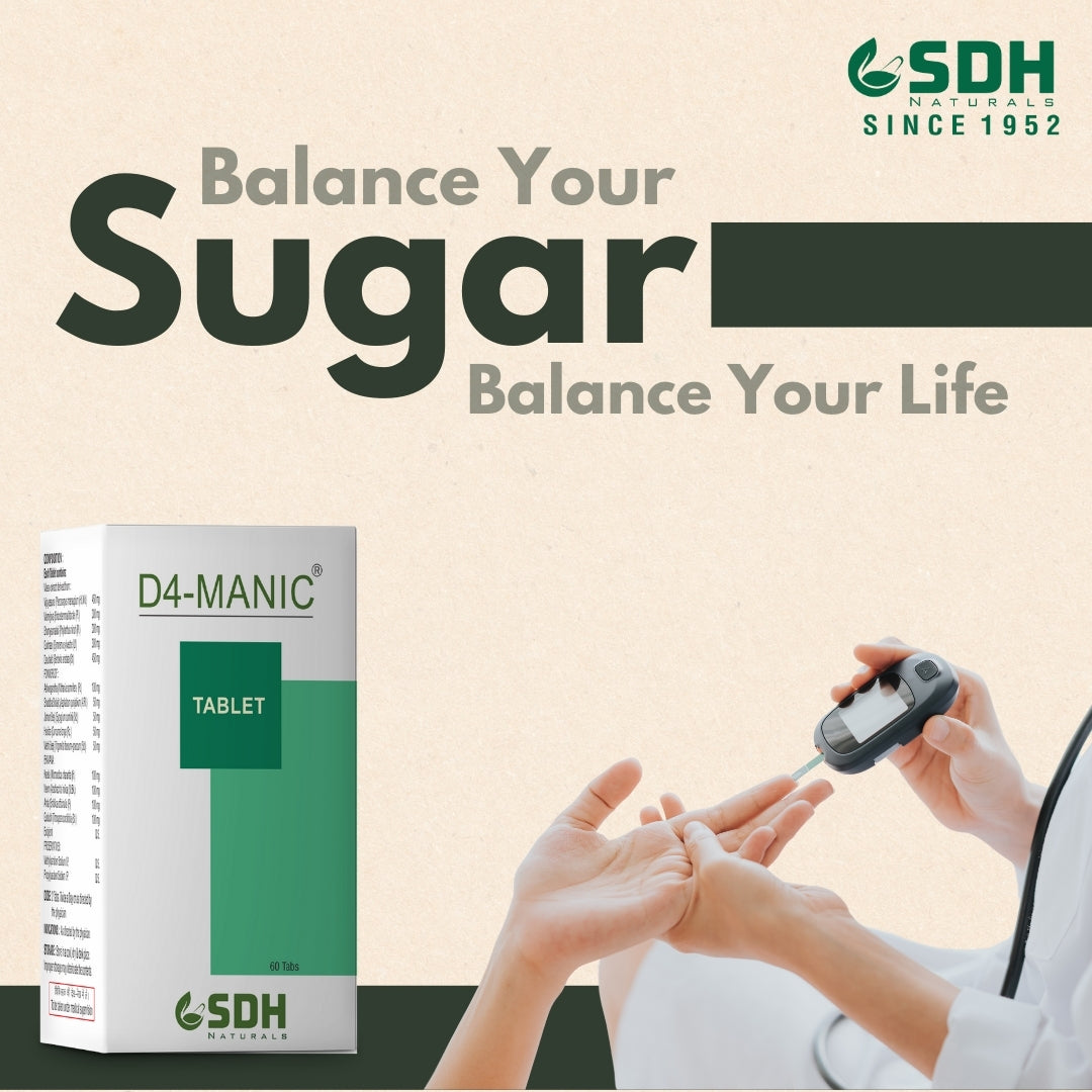 SDH Naturals D4 Manic Tablets helps control Blood Sugar, Improves overall Health in Madhumeh, helps prevent diabetes damage, holistic diabetes care in type 2 DM