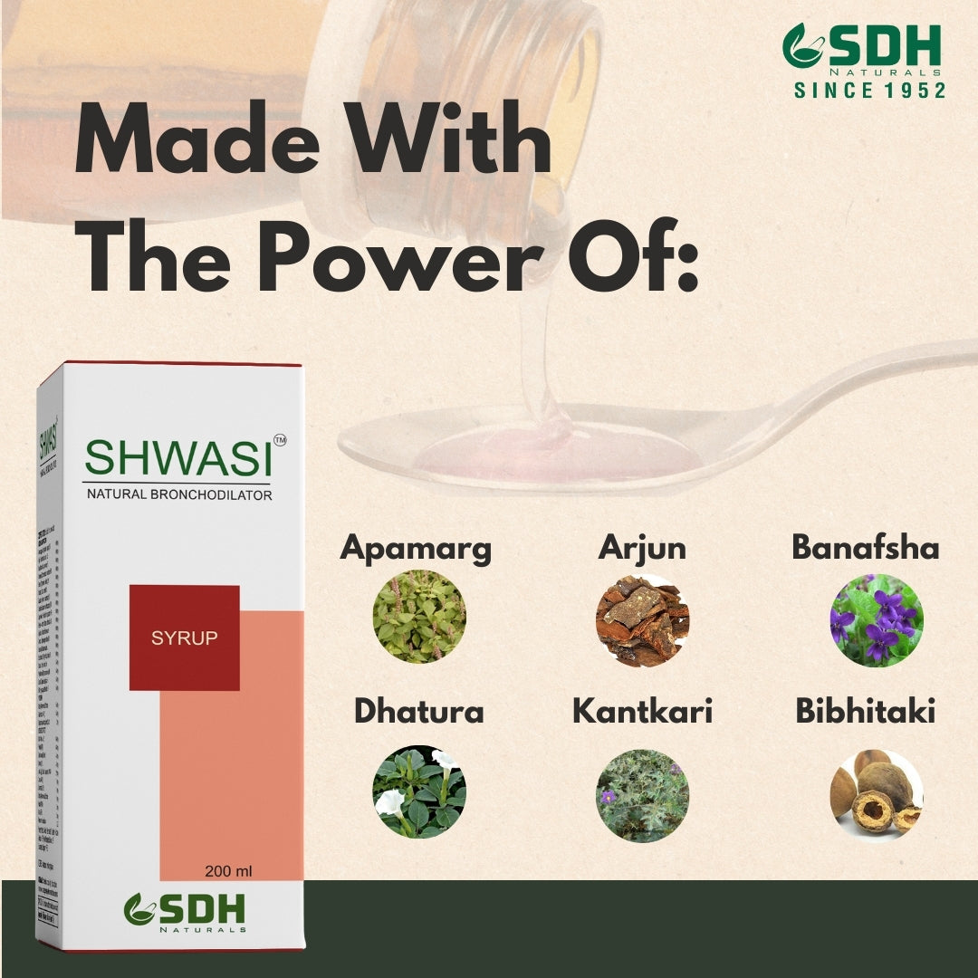 SDH Naturals Shwasi Ayurvedic Cough Syrup With Goodness of Apamarg, Arjun, Banafsa, Dhatura, Kantkari, Bibhitaki, Gazban effective in Dry & wet cough