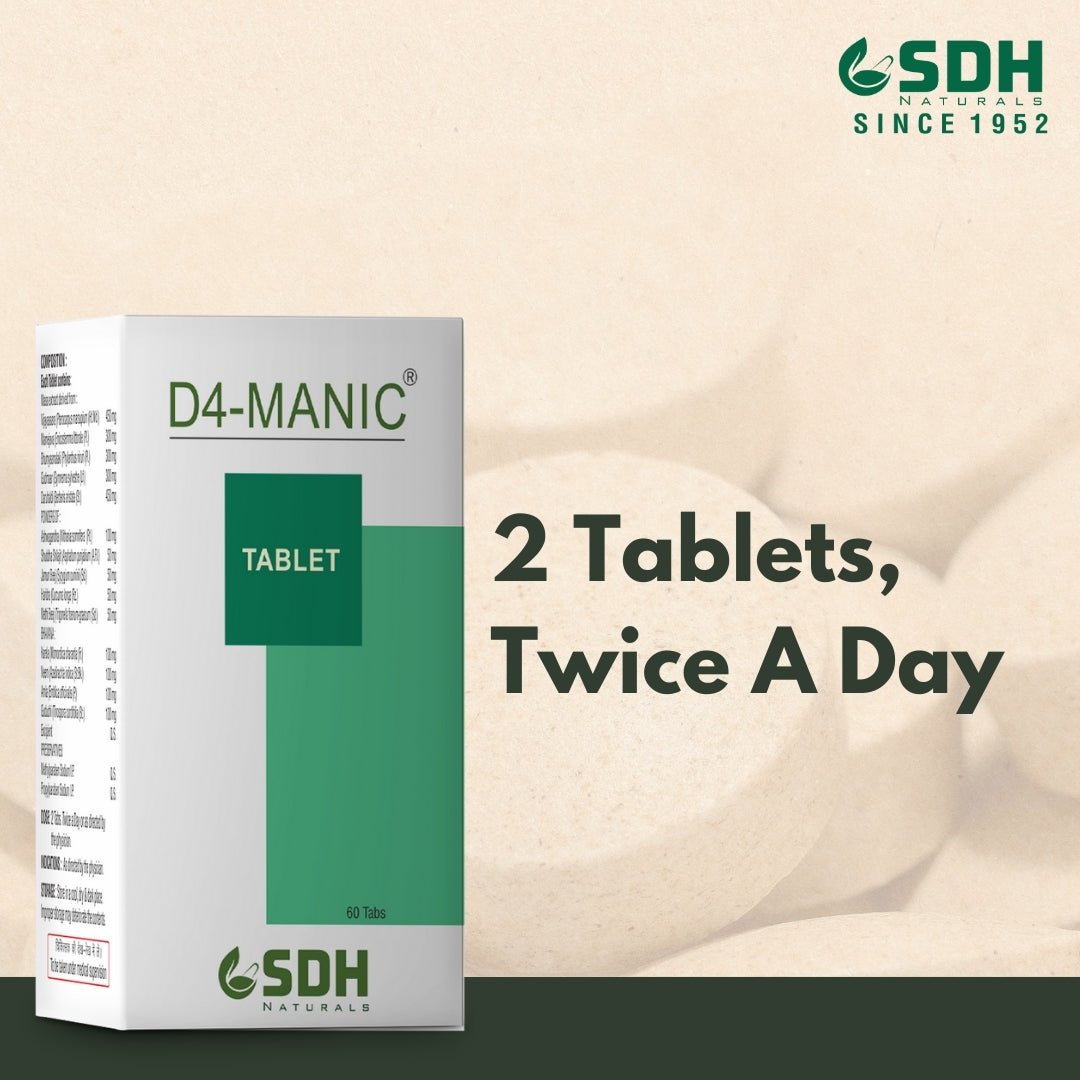 SDH Naturals D4 Manic Tablets helps control Blood Sugar, Improves overall Health in Madhumeh, helps prevent diabetes damage, holistic diabetes care in type 2 DM