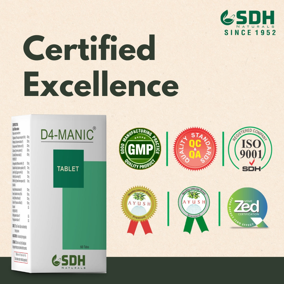 SDH Naturals D4 Manic Tablets helps control Blood Sugar, Improves overall Health in Madhumeh, helps prevent diabetes damage, holistic diabetes care in type 2 DM