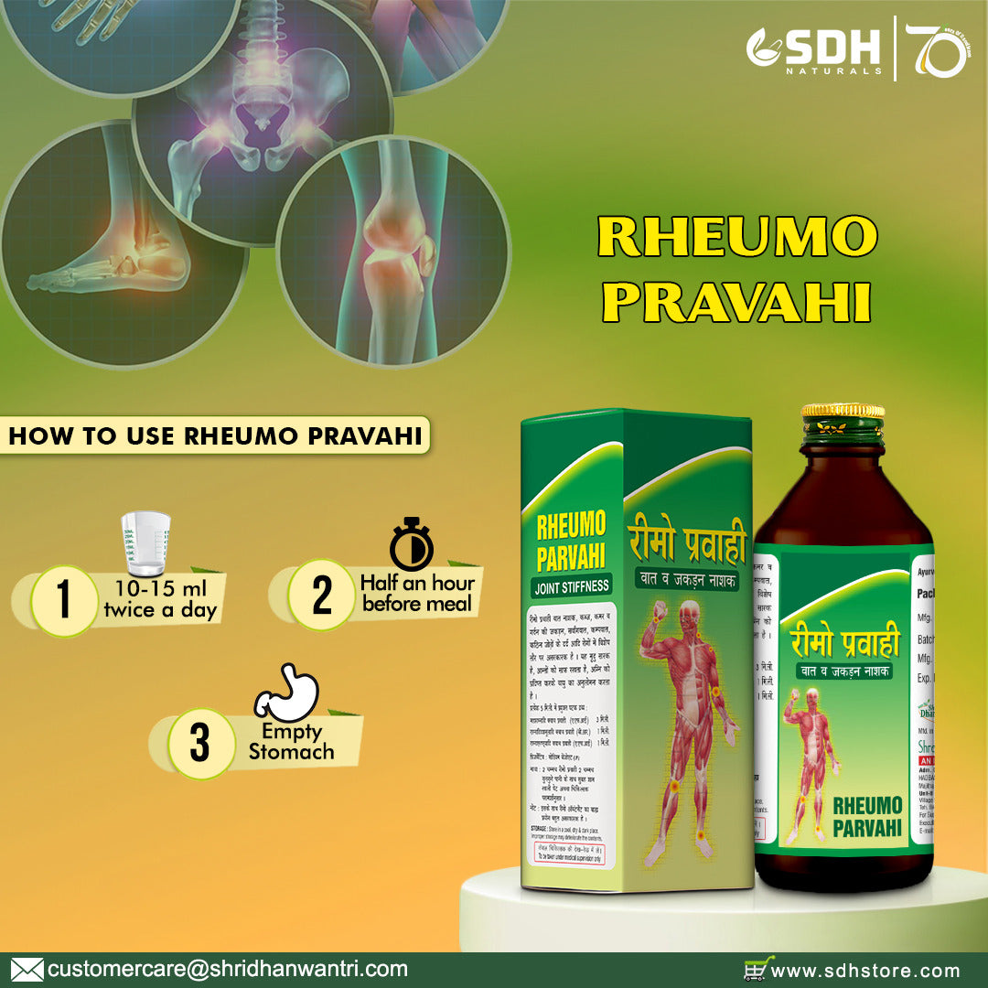 SDH Naturals Rheumo Pravahi - A liquid preparation offers natural relief from rheumatic pain, joint discomfort, swelling, and inflammation. It's an Ayurvedic, long-term solution effective for all types of rheumatism.