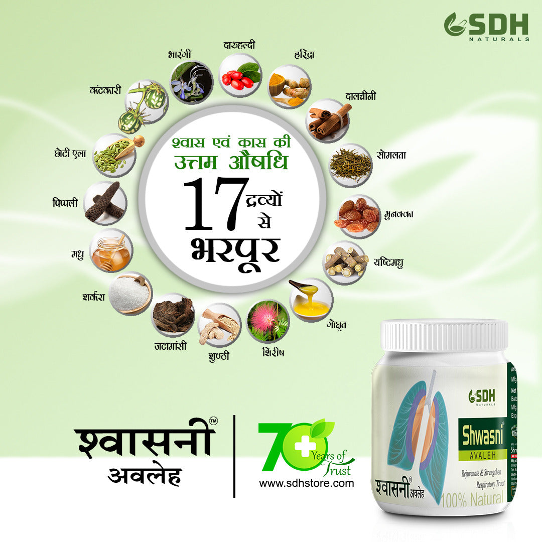 SDH Naturals Shwasni Avaleh provides relief in Throat irritation, For Easy breathing. Chest congestion, Cough, Cold, With the goodness of Dalchini,Mulethi, Munaka