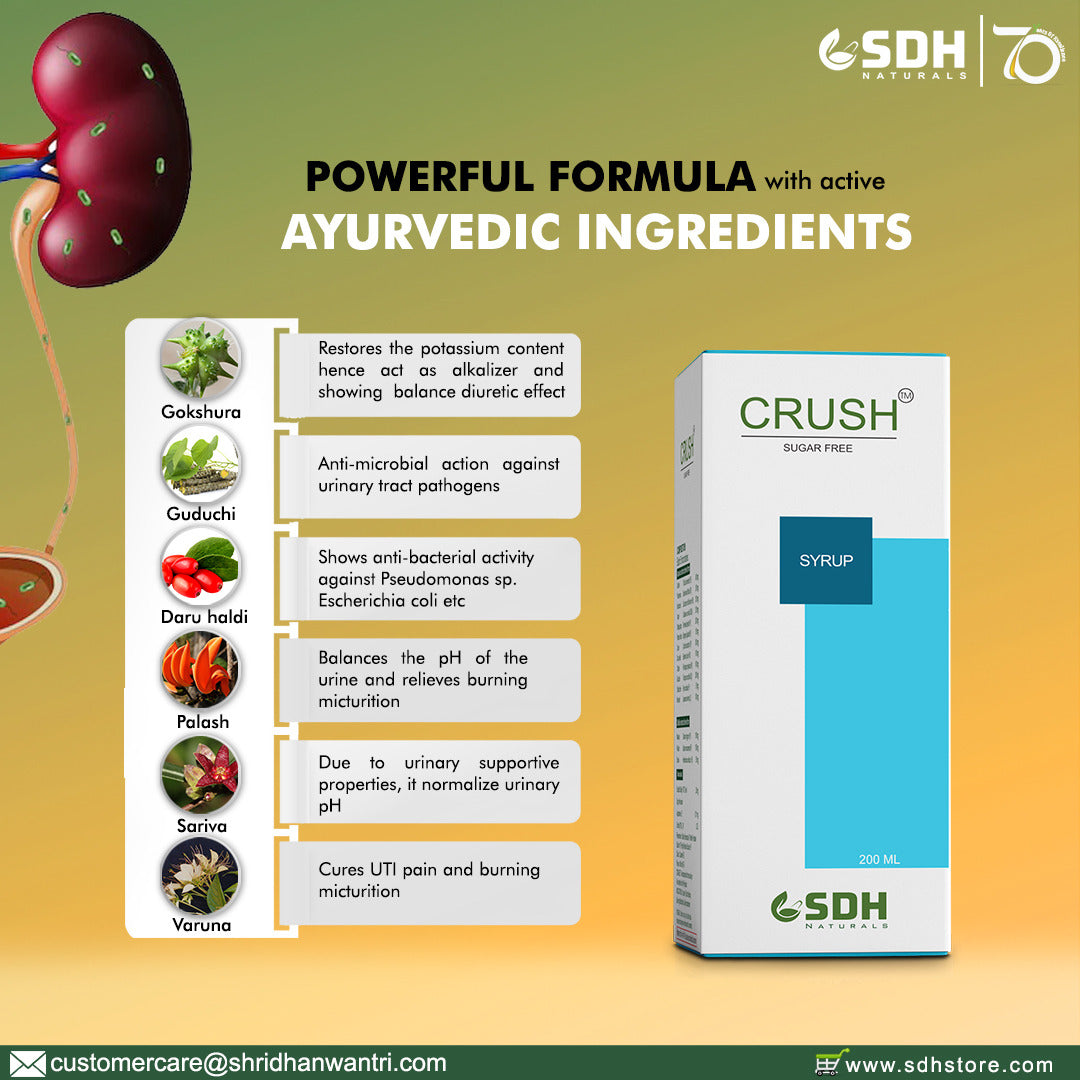 SDH Naturals Crush is an Ayurvedic alkalizer and a kidney detox, helps to treat urinary tract infection, burning and painful urination.Cleanses Kidneys and Urinary Bladder, Improves Urinary function, good before and after renal calculi