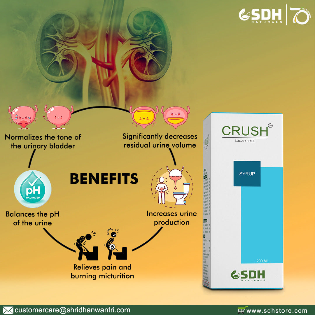 SDH Naturals Crush is an Ayurvedic alkalizer and a kidney detox, helps to treat urinary tract infection, burning and painful urination.Cleanses Kidneys and Urinary Bladder, Improves Urinary function, good before and after renal calculi